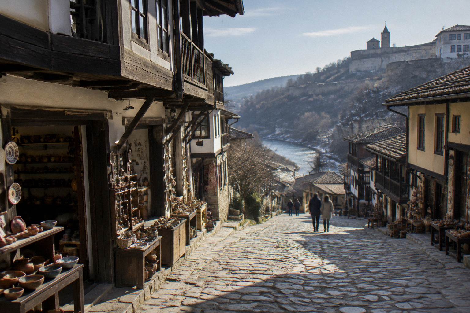 Cobbled craft street with small workshops and wooden upper floors