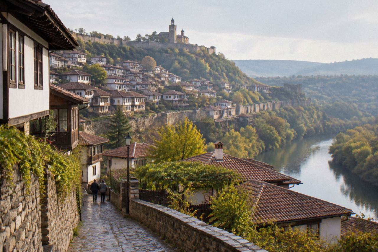 Narrow old-town lane with stone walls and a view toward the fortress
