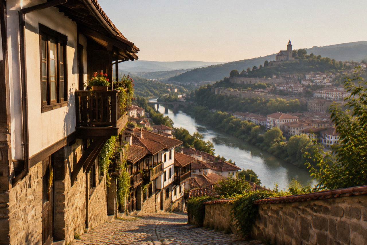 Panoramic view over the rooftops and hills of central Veliko Tarnovo with the Yantra river below