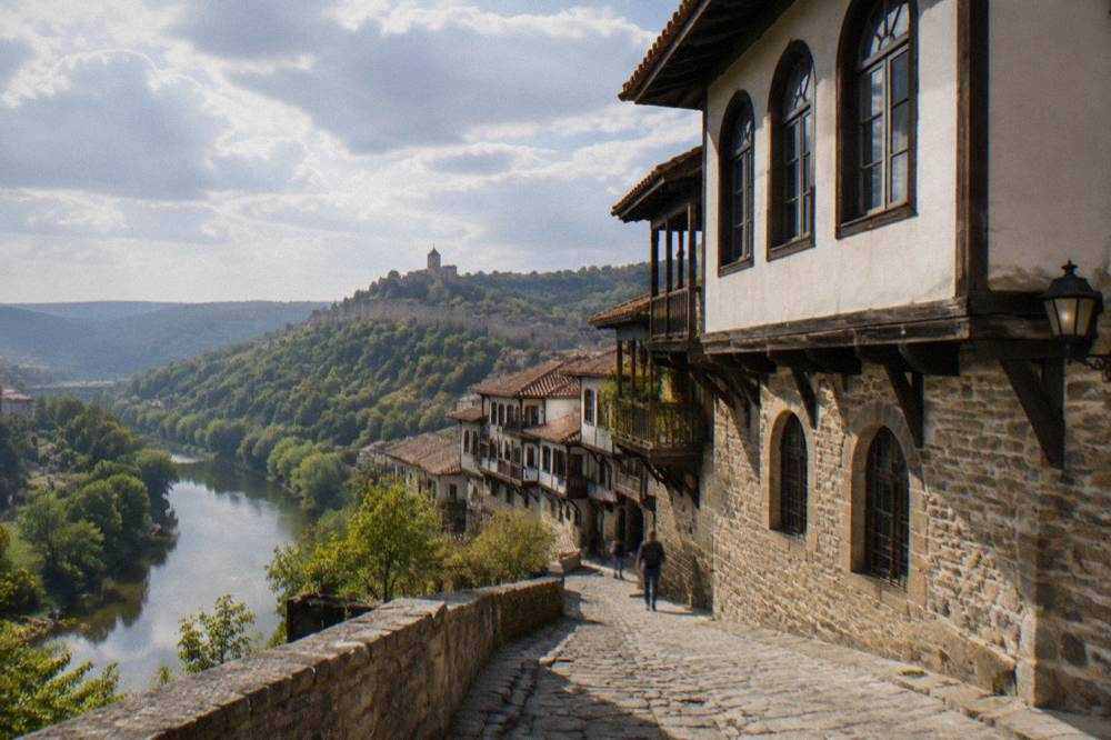 A stone museum building with arched windows in the old part of Veliko Tarnovo