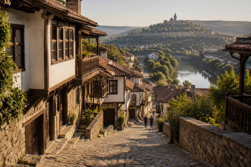 Cobbled street with old houses climbing a hill in the historic centre of Veliko Tarnovo