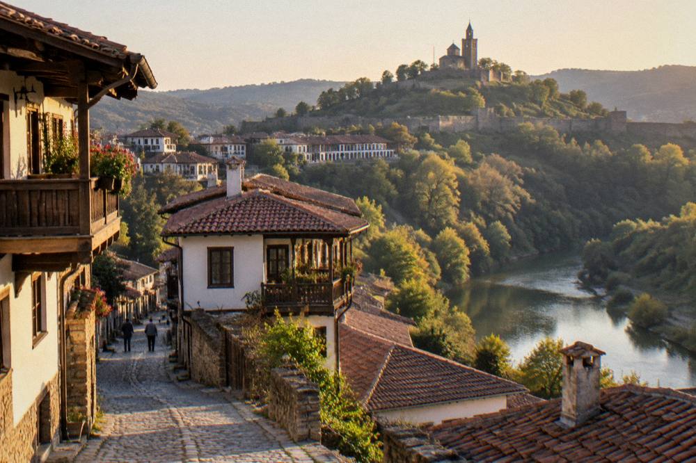 Evening light on the fortress hill above the illuminated square and rooftops
