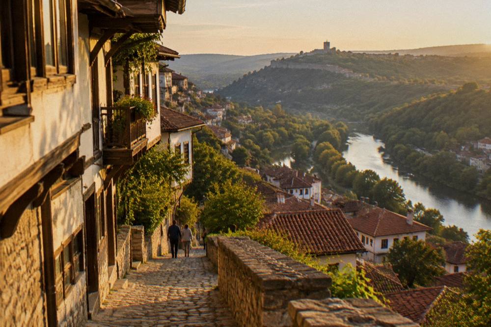 River bend seen from a high terrace with red roofs and forested slopes