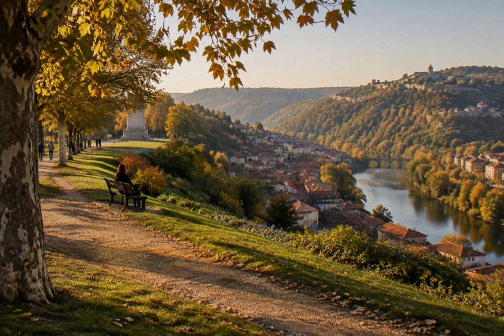 An autumn view over red rooftops and a winding river below a Bulgarian hilltown