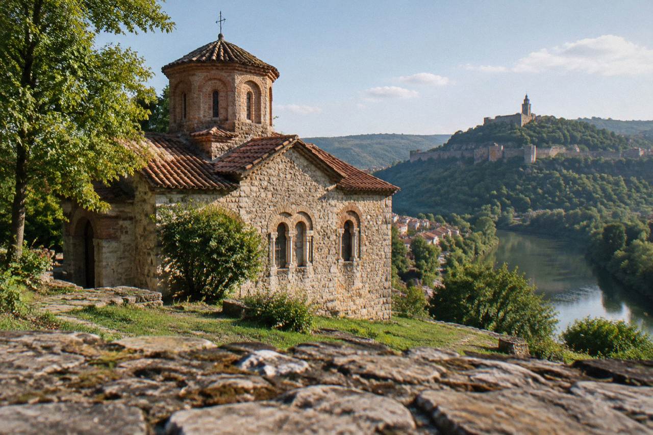 Stone church with a tiled roof standing below a fortress hill above a river bend