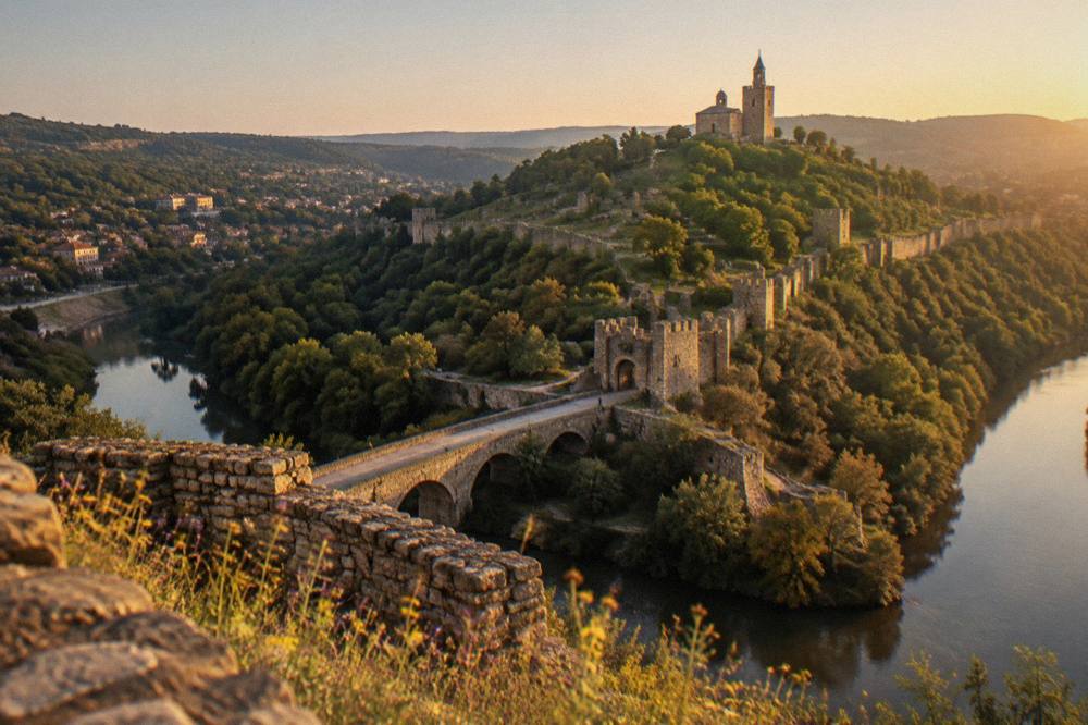 Stone fortress walls and a tower on a hill above a river at golden hour