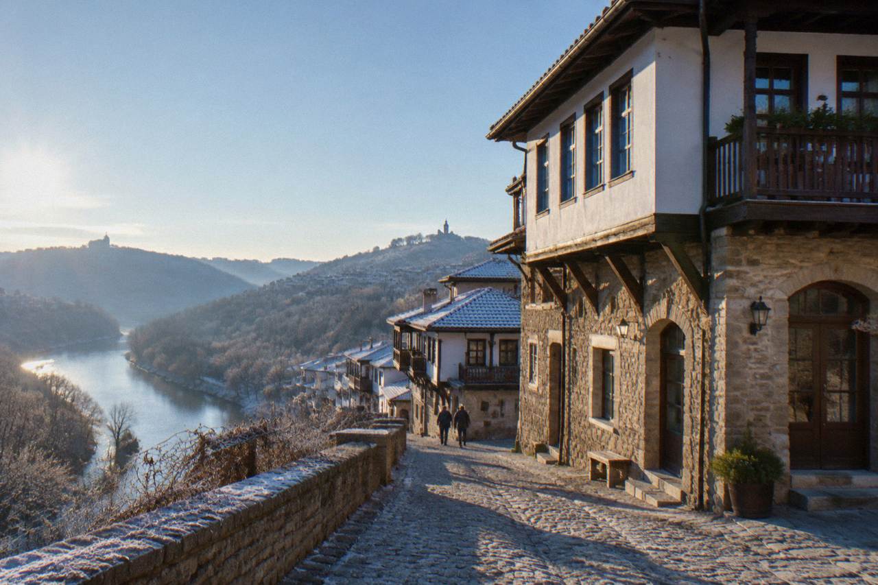 A stone Revival-era inn facade on a cobbled street in Veliko Tarnovo