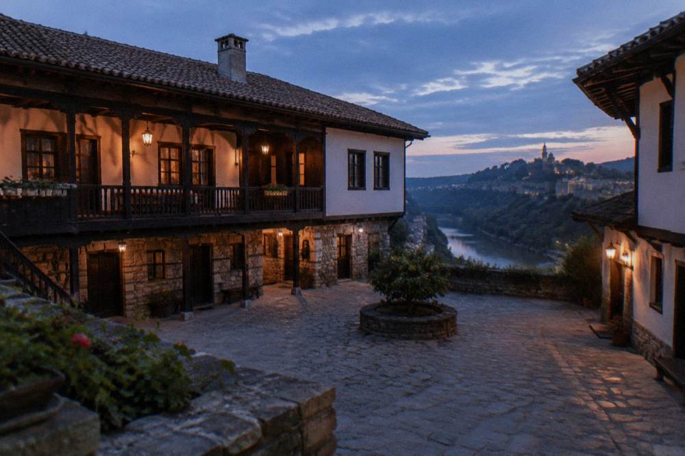 An old house with stone base and wooden upper storey in a Bulgarian revival town