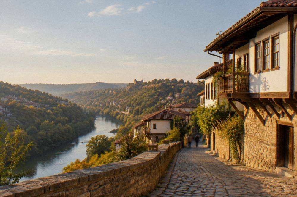 A village of old houses on a green hillside near Veliko Tarnovo