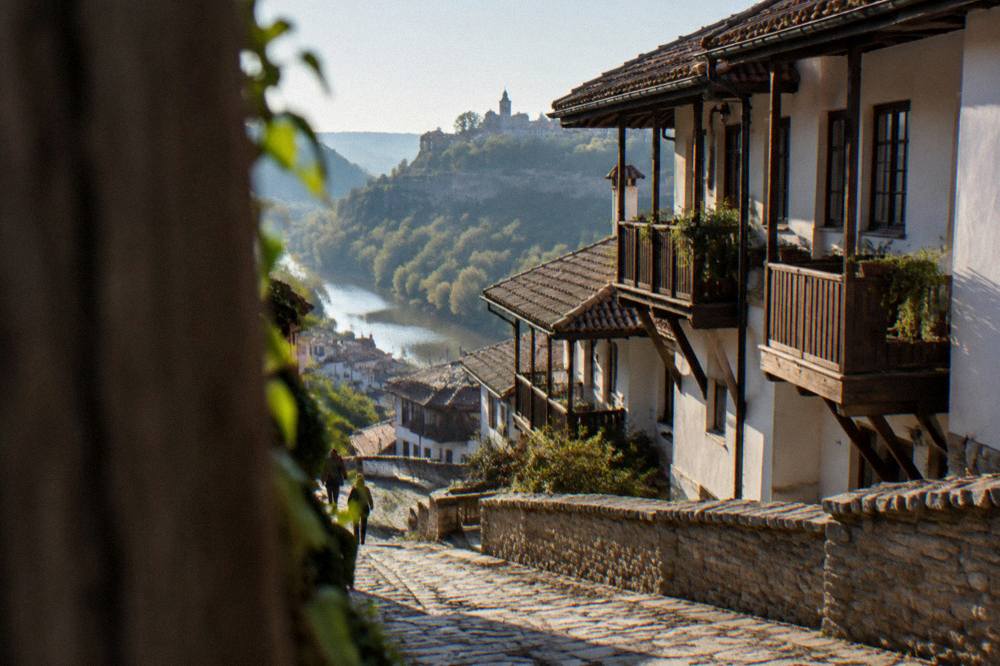 The old town of Veliko Tarnovo seen from a hillside above the Yantra river