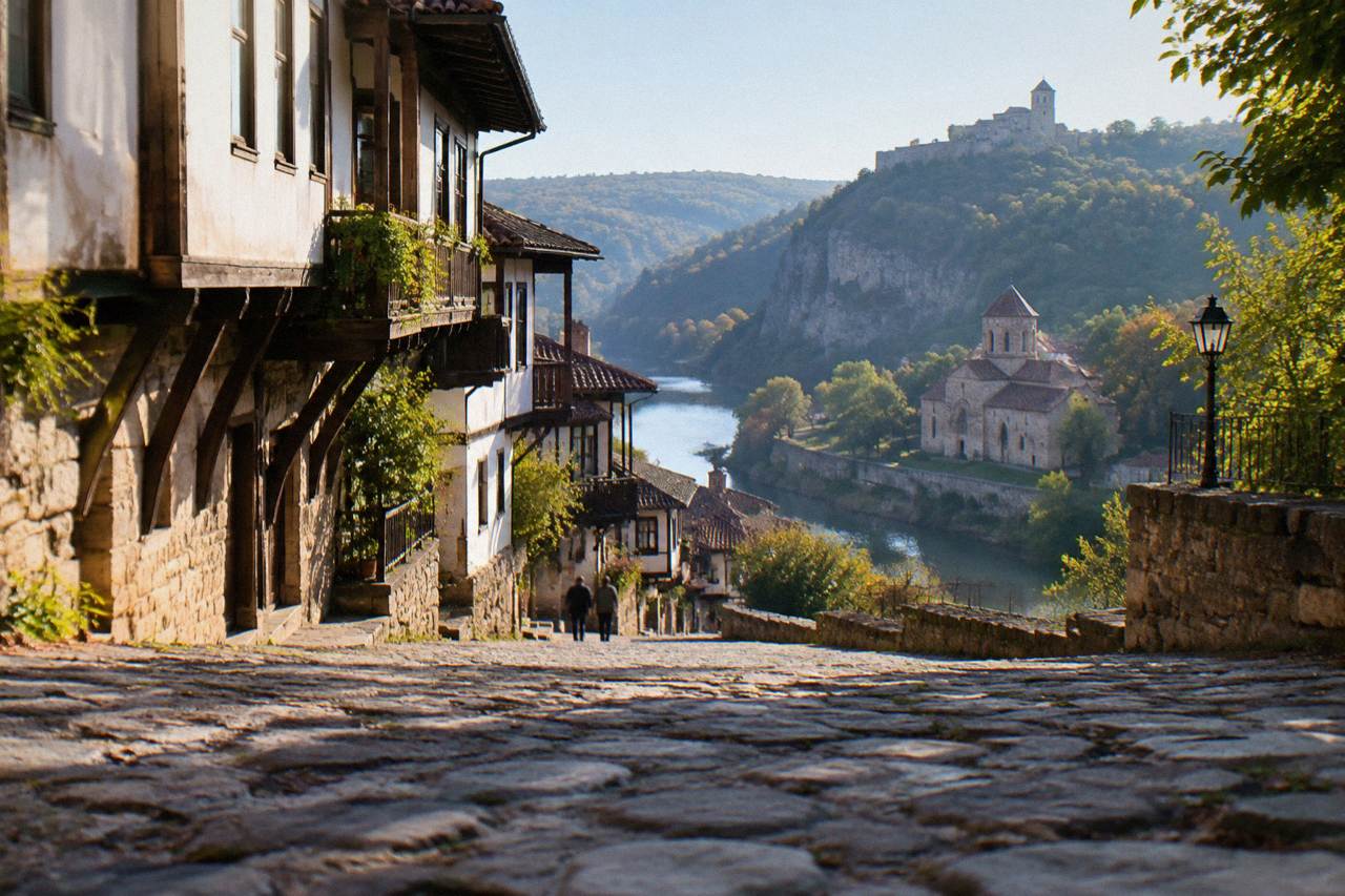 Medieval stone church with a bell tower above a river bend
