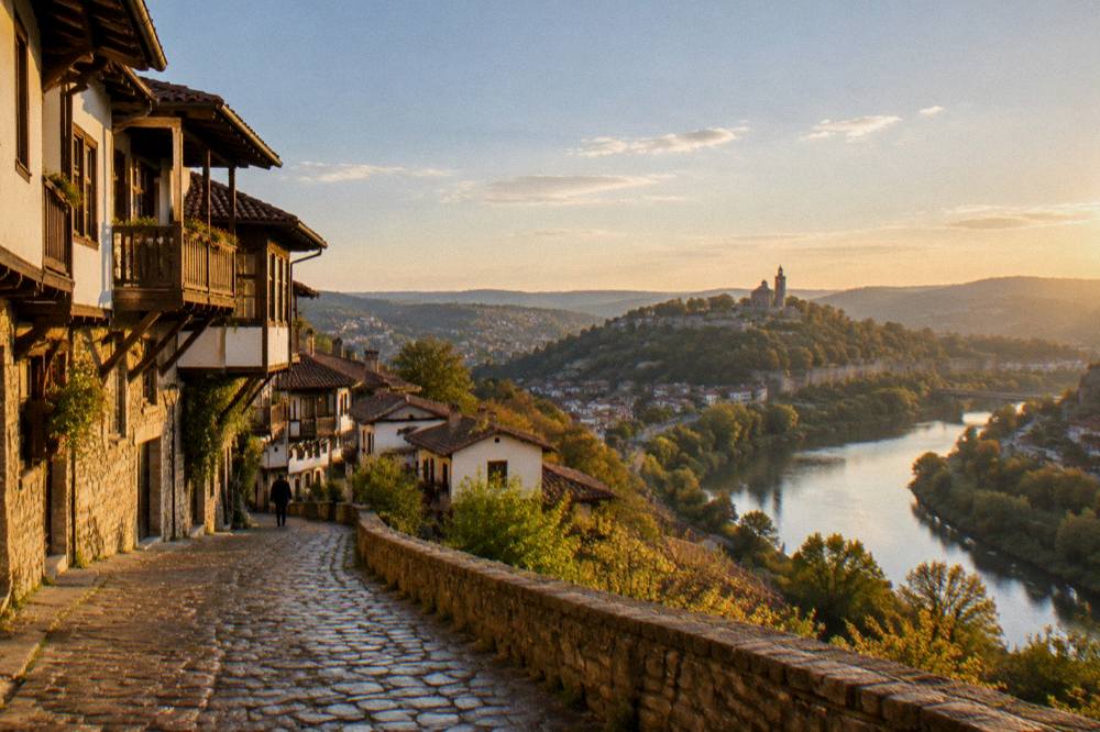 Panoramic view over the river bend and hills of Veliko Tarnovo at golden hour