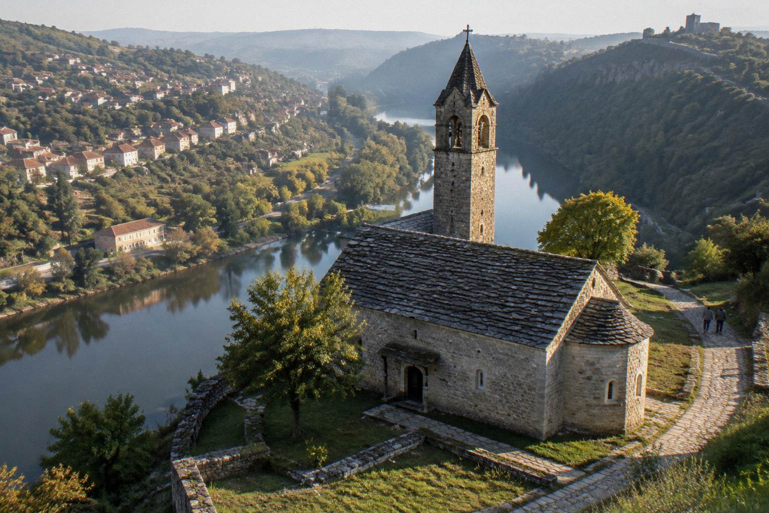 Medieval stone church with a bell tower on a river bend