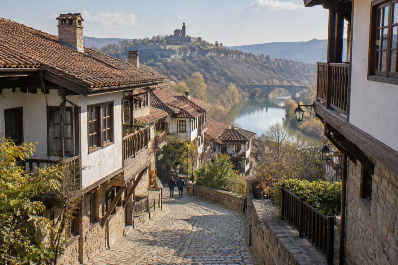 A museum gallery in Veliko Tarnovo with display cases and stone fragments lit against a dark wall
