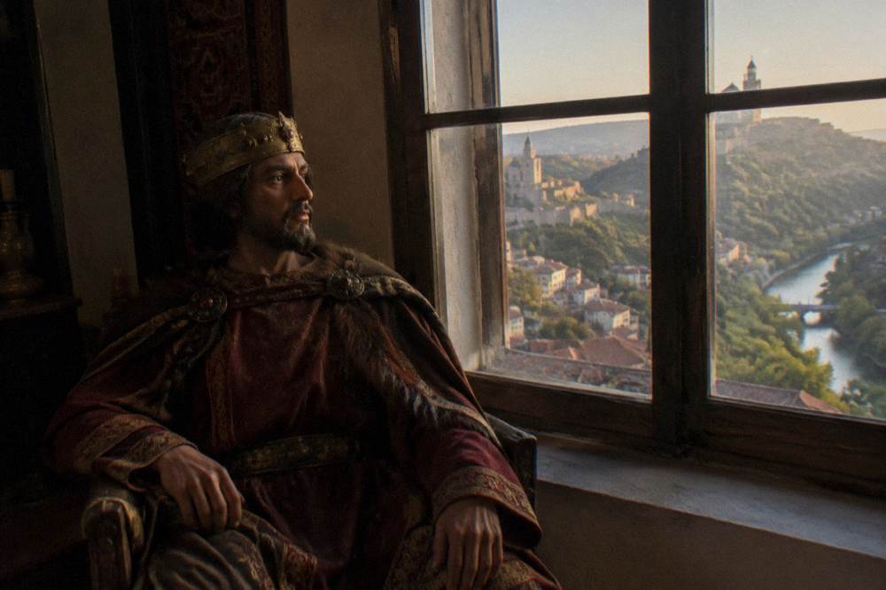 A detailed wax figure of a medieval Bulgarian noble seated in a dimly lit scene
