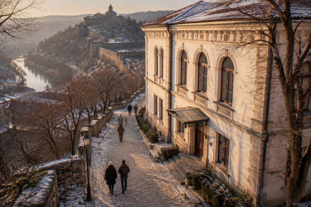 A restored Revival-era museum building on a cobbled street in winter light