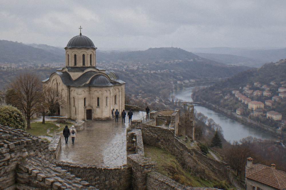 Visitors on the summit of Tsarevets hill near the Patriarchal Cathedral in Veliko Tarnovo