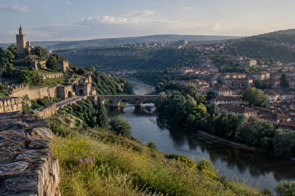 View from Tsarevets hill across the Yantra river towards the old quarters of Veliko Tarnovo