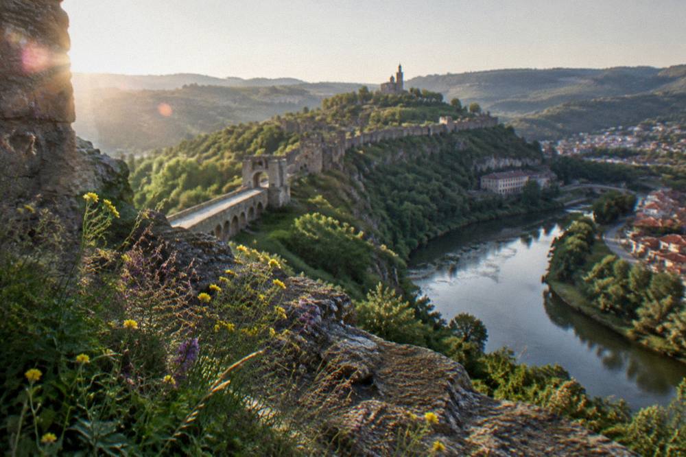 The Yantra river curving below Tsarevets hill and the old town of Veliko Tarnovo