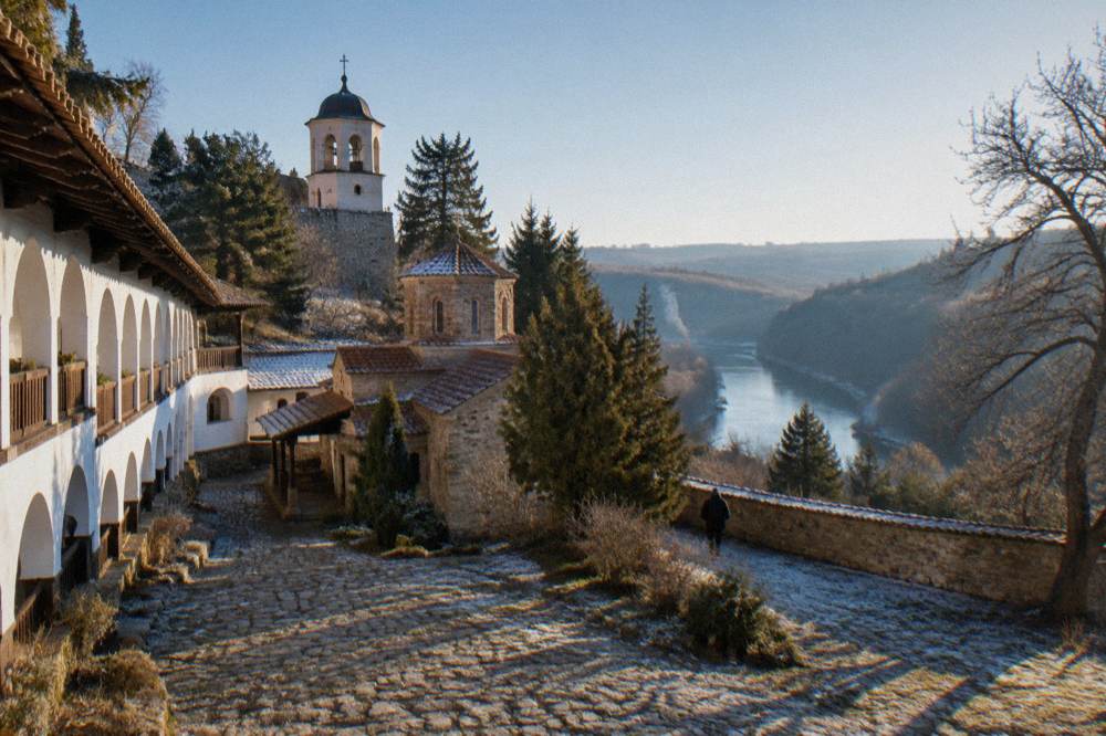 A bell tower and monastery wall above trees, with the green line of a river gorge in the distance