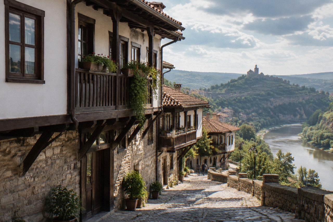 A restored old merchant house on a cobbled street above the Yantra river in Veliko Tarnovo