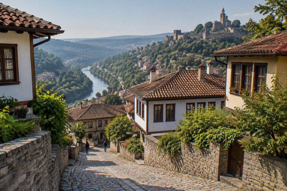 A stone street in the Varosha quarter with traditional Bulgarian Revival houses
