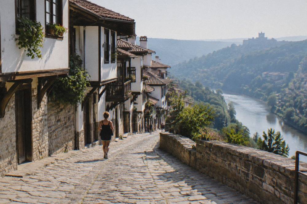 The Yantra river curving below the hills of Veliko Tarnovo in soft morning light