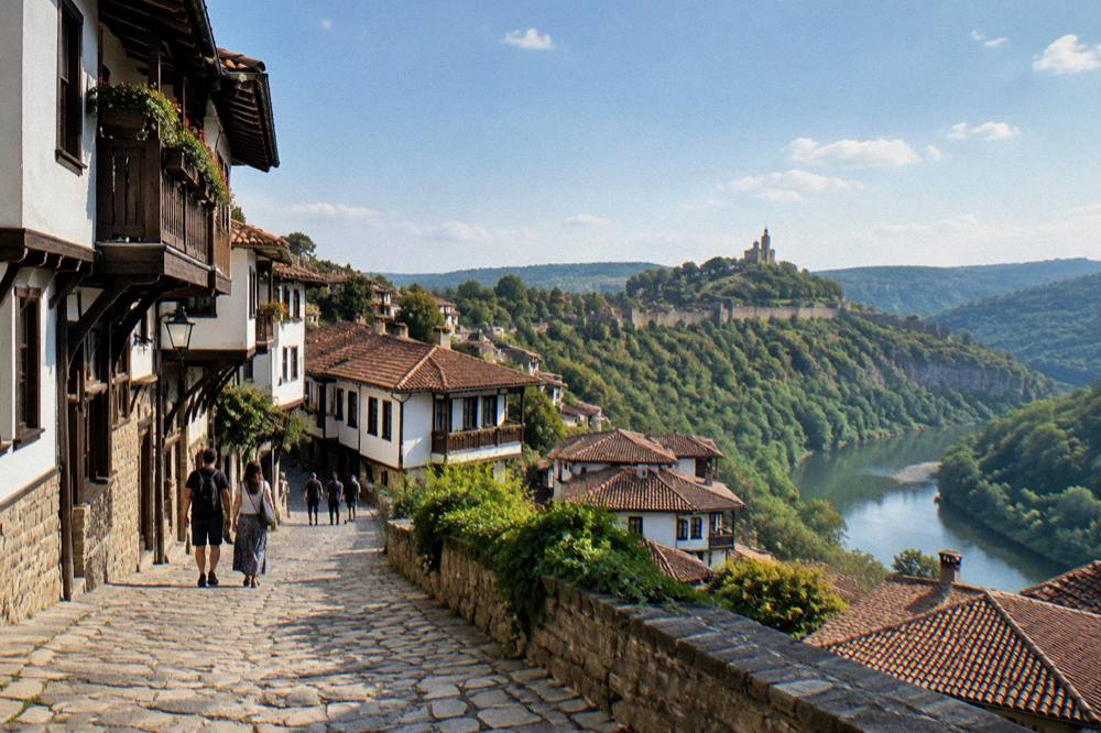 Visitors walking along a cobbled street between old houses in central Veliko Tarnovo