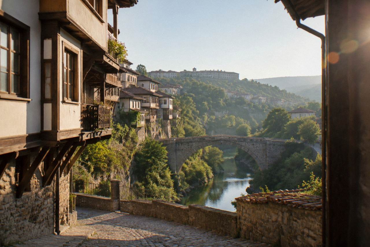 A stone bridge crossing a narrow river gorge below old town houses on a hillside