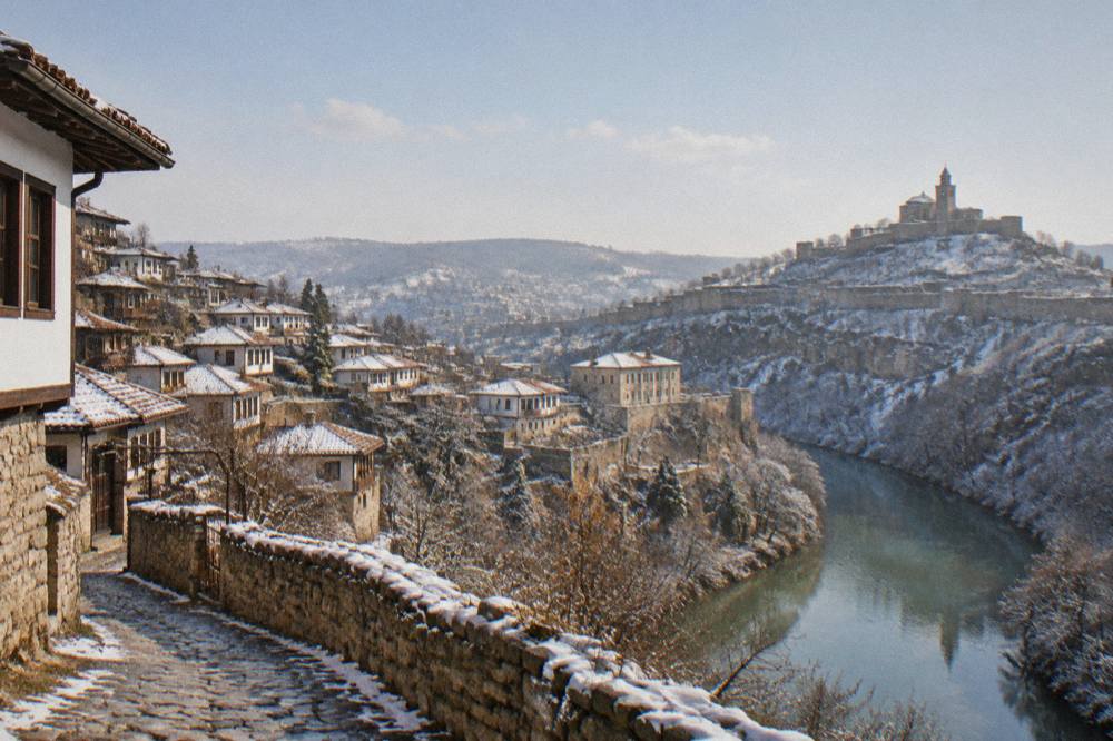 Houses perched on a cliff above a winding green river in a town gorge