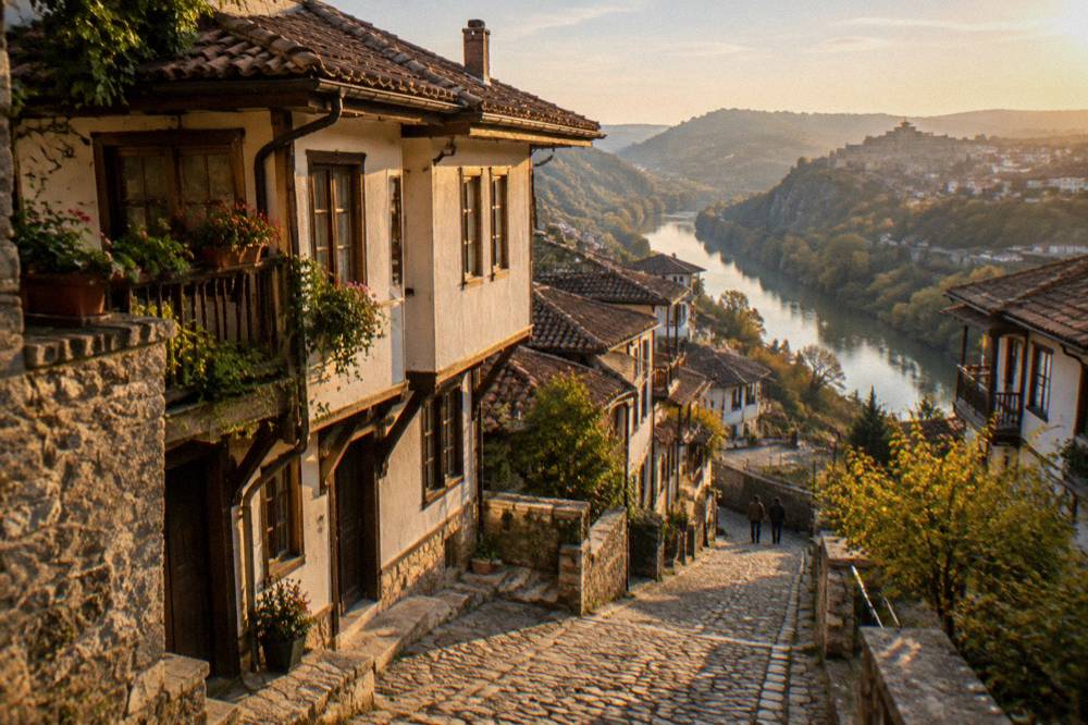 An old town street of stone and timber houses sloping down toward a river