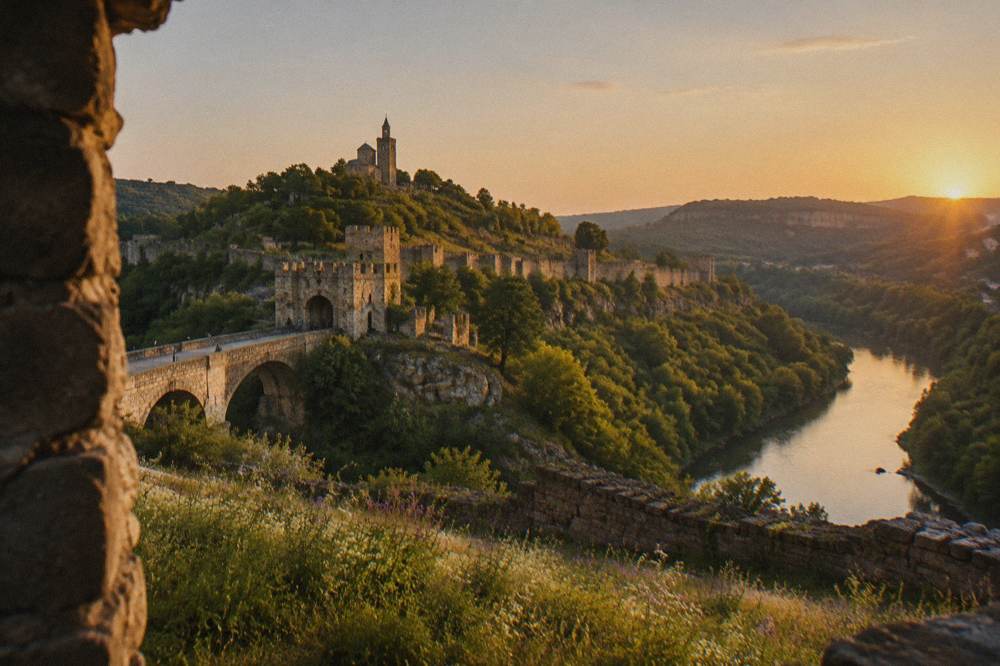 A fortress wall on a hill above a river bend at golden hour