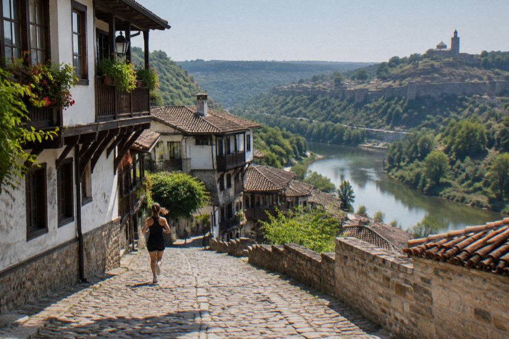 The Yantra river curving around the fortress hill in Veliko Tarnovo on a clear day