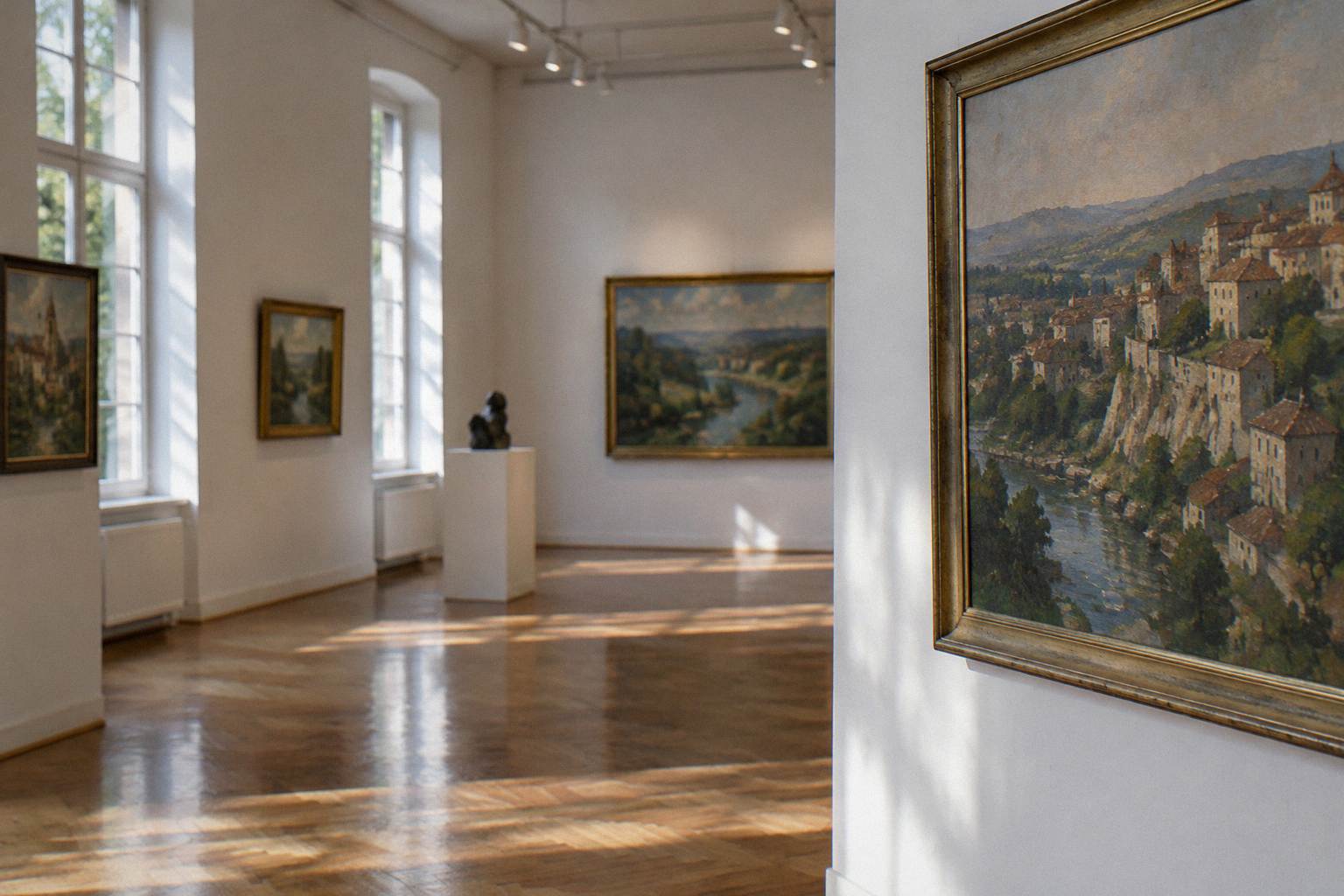 Bright gallery room with framed paintings on white walls, no people