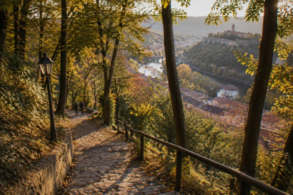 A path running through tall deciduous trees on a hill inside a Balkan town