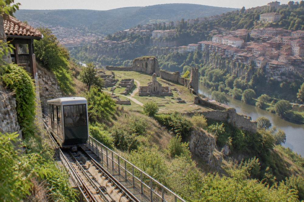 Funicular rail line climbing the slope toward Trapezitsa Fortress in Veliko Tarnovo