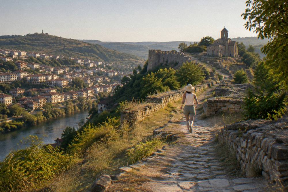 Green summer slopes around the walls of Trapezitsa Fortress under a clear sky in Veliko Tarnovo