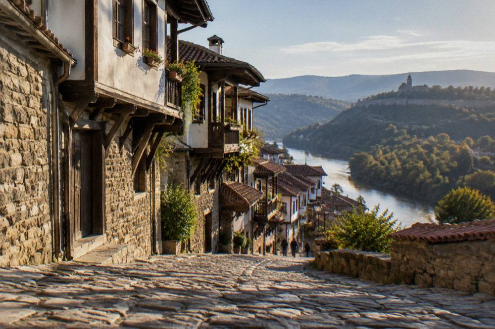 Late afternoon light on the river and the hills of Veliko Tarnovo seen from near Trapezitsa