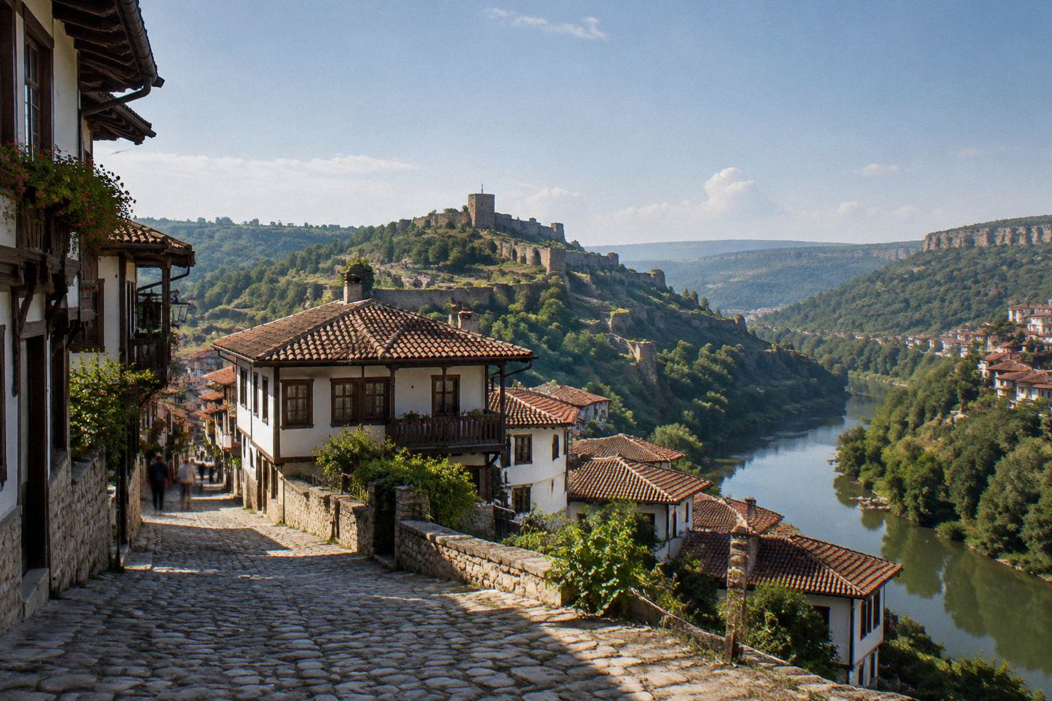 Ruined fortress hill with stone foundations overlooking the old town