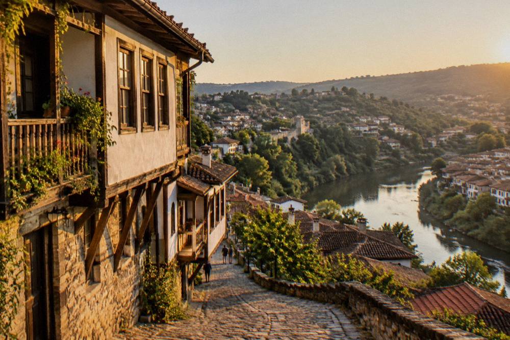 The old town rooftops of Veliko Tarnovo seen from high on the fortress hill