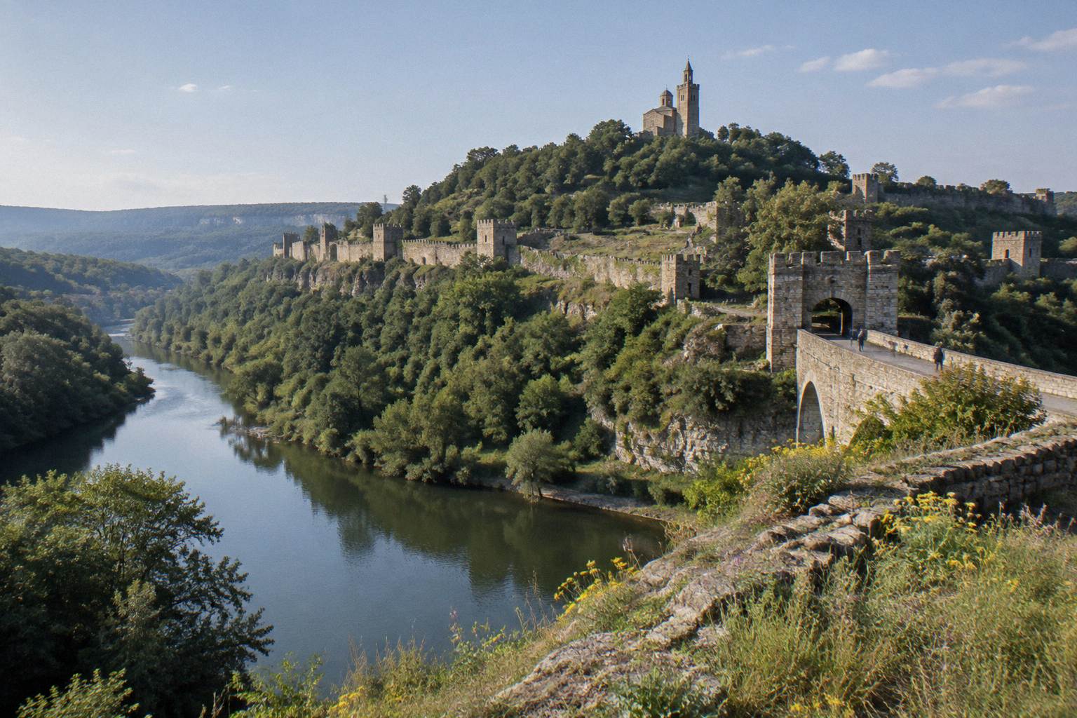Hilltop medieval fortress walls and towers above a river bend