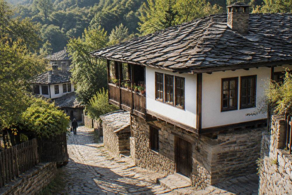 Whitewashed house with heavy stone ground floor and overhanging wooden upper storey
