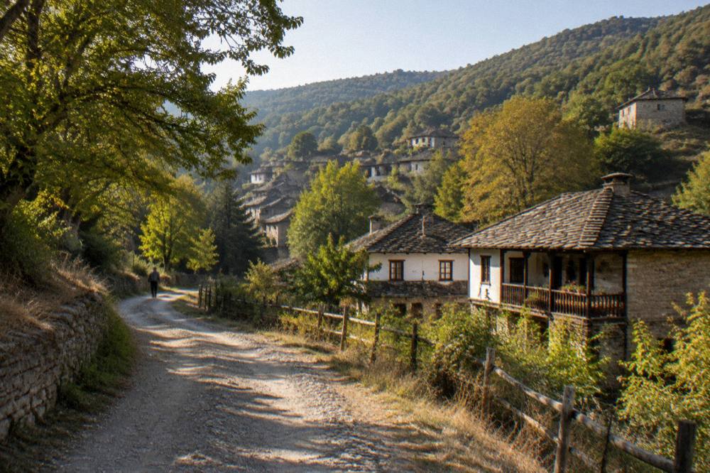 Forest road winding through hills toward the village of Bozhentsi
