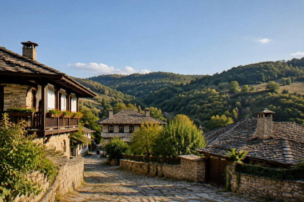 Late afternoon light on the tiled roofs of Bozhentsi village houses