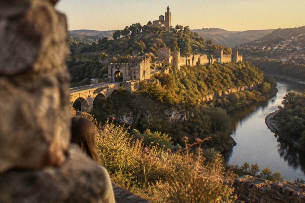 Evening light on the illuminated fortress walls above the river bend