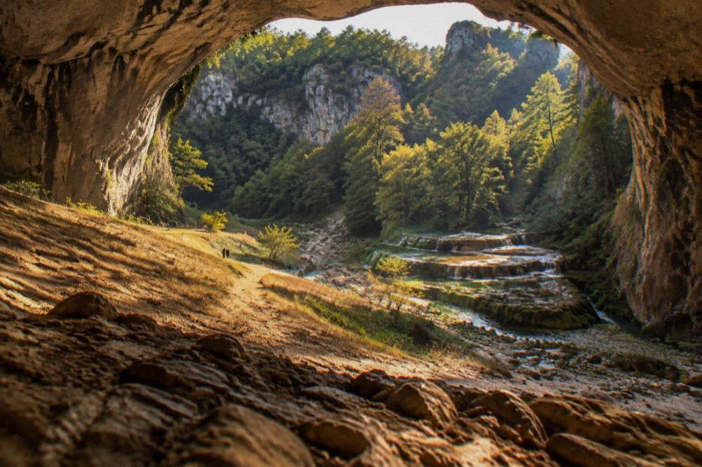 Travertine terraces with water cascading through a green forested gorge