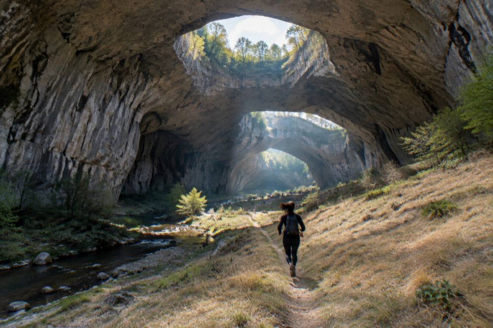 The interior of a vast cavern lit by shafts of daylight from large openings