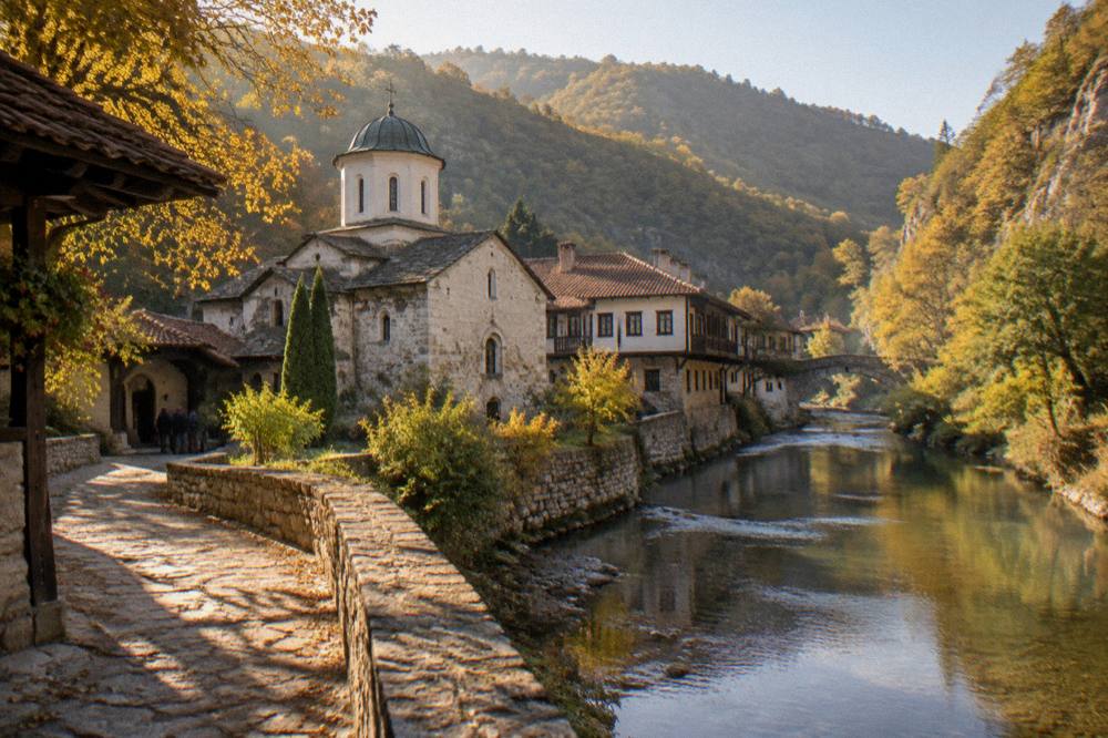 Forest-covered hills above a narrow river valley in Bulgaria