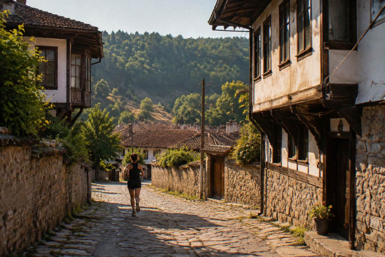 A small Bulgarian revival town with wooded hills behind tiled rooftops