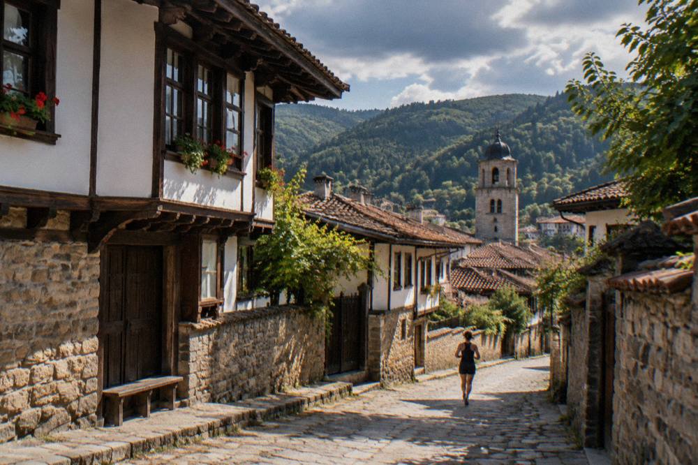 A stone church tower rising above red roofs in a Balkan valley town